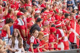 Numerous Danish fans in the stands in the Women's Euro 2022 match Denmark vs Finland at Stadium MK, Milton Keynes, England