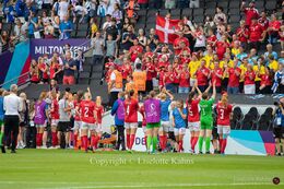 "Kvindelandsholdet" tributing the Danish fans in the Women's Euro 2022 match Denmark vs Finland at Stadium MK, Milton Keynes, England