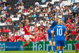 Katrine Veje (#11 Denmark) preparing to control the ball in the Women's Euro 2022 match Denmark vs Finland at Stadium MK, Milton Keynes, England