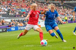 Pernille Harder (#10 Denmark) preparing for a shot in the Women's Euro 2022 match Denmark vs Finland at Stadium MK, Milton Keynes, England