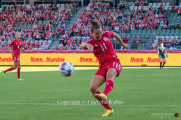 Katrine Veje (#11 Denmark) with a shot in the World Cup qualifier Denmark vs Montenegro at Viborg Stadium, Denmark