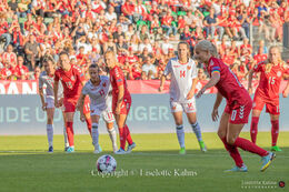Pernille Harder (#10 Denmark) preparing for a penalty shot in the World Cup qualifier Denmark vs Montenegro at Viborg Stadium, Denmark