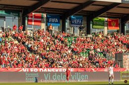 Janni Thomsen (#19 Denmark) in front of the danish fans in the World Cup qualifier Denmark vs Montenegro at Viborg Stadium, Denmark