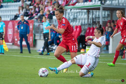 Katrine Veje (#11 Denmark) battles for the ball in the World Cup qualifier Denmark vs Montenegro at Viborg Stadium, Denmark