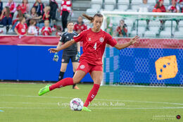 Rikke Sevecke (#4 Denmark) preparing for a shot in the World Cup qualifier Denmark vs Montenegro at Viborg Stadium, Denmark