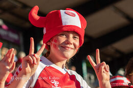 Happy fans in the stands in the World Cup qualifier Denmark vs Montenegro at Viborg Stadium, Denmark