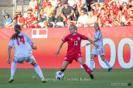 Sofie Hasbo (#13 Denmark) in the World Cup qualifier Denmark vs Montenegro at Viborg Stadium, Denmark