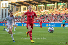 Amalie Vangsgaard (#9 Denmark) in the World Cup qualifier Denmark vs Montenegro at Viborg Stadium, Denmark