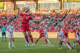Luna Gewitz (#18 Denmark) with a header in the World Cup qualifier Denmark vs Montenegro at Viborg Stadium, Denmark
