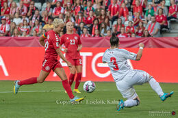 Pernilla Harder (#10 Denmark) with a shot in the World Cup qualifier Denmark vs Montenegro at Viborg Stadium, Denmark