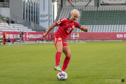 Pernilla Harder (#10 Denmark) with a shot in the World Cup qualifier Denmark vs Montenegro at Viborg Stadium, Denmark
