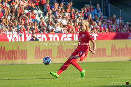 Kathrine Kûhl with a shot in the World Cup qualifier Denmark vs Montenegro at Viborg Stadium, Denmark