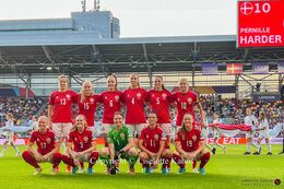The starting XI for "Kvindelandsholdet" in the Women's Euro 2022 match Denmark vs Spain at Brentford Stadium, London, England