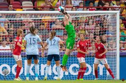 Lene Christensen (#1 Denmark) with a save in the Women's Euro 2022 match Denmark vs Spain at Brentford Stadium, London, England
