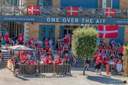 The Danish fans gathering at the "One over the Ait" bar to prepare for the Women's Euro 2022 match Denmark vs Spain at Brentford Stadium, London, England