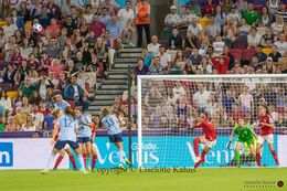 Sanne Troelsgaard (#7 Denmark) with a shot in the Women's Euro 2022 match Denmark vs Spain at Brentford Stadium, London, England