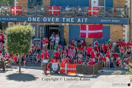 The Danish fans gathering at the "One over the Ait" bar to prepare for the Women's Euro 2022 match Denmark vs Spain at Brentford Stadium, London, England