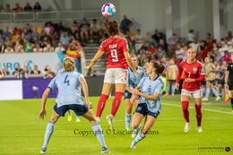 Nadia Nadim (#9 Denmark) with a header in the Women's Euro 2022 match Denmark vs Spain at Brentford Stadium, London, England