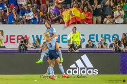 Celebration of Spain's 1-0 goal in the Women's Euro 2022 match Denmark vs Spain at Brentford Stadium, London, England