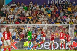Lene Christensen (#1 Denmark) with a save in the Women's Euro 2022 match Denmark vs Spain at Brentford Stadium, London, England