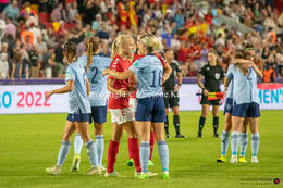 Pernille Harder (#10 Denmark) acknowledging the Spanish players after the the Women's Euro 2022 match Denmark vs Spain at Brentford Stadium, London, England