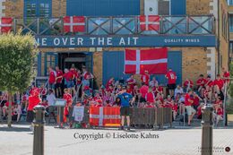The Danish fans gathering at the "One over the Ait" bar to prepare for the Women's Euro 2022 match Denmark vs Spain at Brentford Stadium, London, England