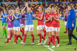 "kvindelandsholdet" tributing the Danish fans after the defeat in the Women's Euro 2022 match Denmark vs Spain at Brentford Stadium, London, England