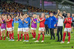 "kvindelandsholdet" tributing the Danish fans after the defeat in the Women's Euro 2022 match Denmark vs Spain at Brentford Stadium, London, England