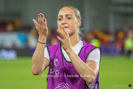 Sanne Troelsgaard (#7 Denmark) tributing the Danish fans after the defeat in the Women's Euro 2022 match Denmark vs Spain at Brentford Stadium, London, England