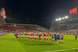 "kvindelandsholdet" tributing the Danish fans after the defeat in the Women's Euro 2022 match Denmark vs Spain at Brentford Stadium, London, England