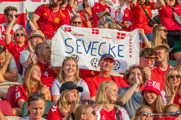 Danish fans in the stands at the Women's Euro 2022 match Denmark vs Spain at Brentford Stadium, London, England