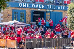 The Danish fans gathering at the "One over the Ait" bar to prepare for the Women's Euro 2022 match Denmark vs Spain at Brentford Stadium, London, England