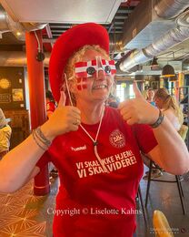 The Danish fans gathering at the "One over the Ait" bar to prepare for the Women's Euro 2022 match Denmark vs Spain at Brentford Stadium, London, England