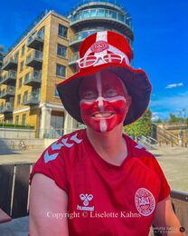 The Danish fans gathering at the "One over the Ait" bar to prepare for the Women's Euro 2022 match Denmark vs Spain at Brentford Stadium, London, England