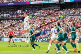 Lucy Bronze (#2 England) with a header in the Women's Euro 2022 Final England vs Germany at Wembley Stadium, London, England