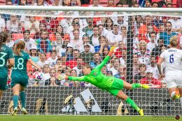 Mary Earps (#1 England) jumping for the ball in the Women's Euro 2022 Final England vs Germany at Wembley Stadium, London, England
