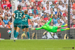 Mary Earps (#1 England) jumping for the ball in the Women's Euro 2022 Final England vs Germany at Wembley Stadium, London, England