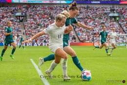 Marina Hegering (#5 Germany) and Lauren Hemp (#11 England) battle for the ball in the Women's Euro 2022 Final England vs Germany at Wembley Stadium, London, England