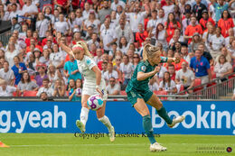 Chloe Kelly (#18 England) with a shot in the Women's Euro 2022 Final England vs Germany at Wembley Stadium, London, England