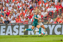 Lauren Hemp (#11 England) and Guila Gwin (#15 Germany) battle for the ball in the Women's Euro 2022 Final England vs Germany at Wembley Stadium, London, England
