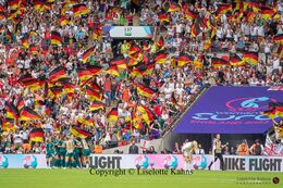 German team and fans celebrating the German 1-1 goal in the Women's Euro 2022 Final England vs Germany at Wembley Stadium, London, England