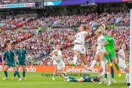 Action in front og England's goal in the Women's Euro 2022 Final England vs Germany at Wembley Stadium, London, England