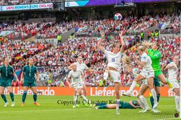 Action in front og England's goal in the Women's Euro 2022 Final England vs Germany at Wembley Stadium, London, England