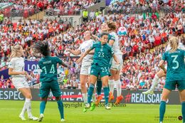 Sara Doorsoun (#23 Germany) preparing for a header in the Women's Euro 2022 Final England vs Germany at Wembley Stadium, London, England