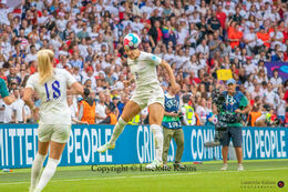 Lucy Bronze (#2 England) with a header in the Women's Euro 2022 Final England vs Germany at Wembley Stadium, London, England