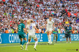 Lucy Bronze (#2 England) with a header in the Women's Euro 2022 Final England vs Germany at Wembley Stadium, London, England