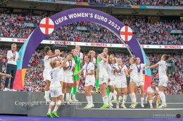 The lionesses preparing to celebrate the victory in the Women's Euro 2022 Final England vs Germany at Wembley Stadium, London, England