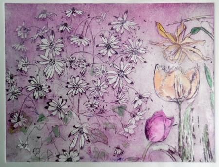 Dancing Daisies VE etching on copper with water colour 36 x 29 cms £300