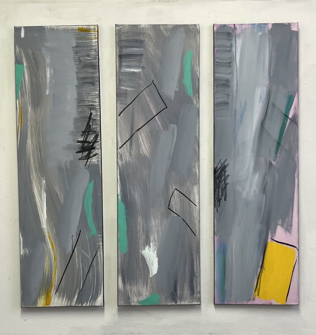 STORMY WEATHER (triptych) oil, charcoal on canvas panels, 30 x 100 X 2 cms each panel, total width with gaps 100cms)