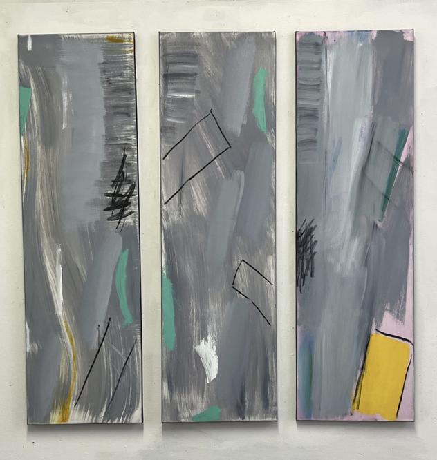 STORMY WEATHER (triptych) oil, charcoal on canvas panels, 30 x 100 X 2 cms each panel, total width with gaps 100cms)
